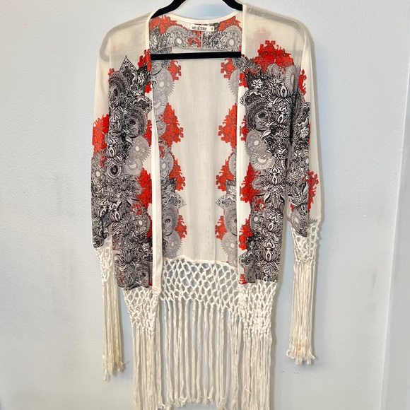 We All Shine White Fringe Festival Kimono with Boho Abstract Pattern - Size S - Picture 1 of 5
